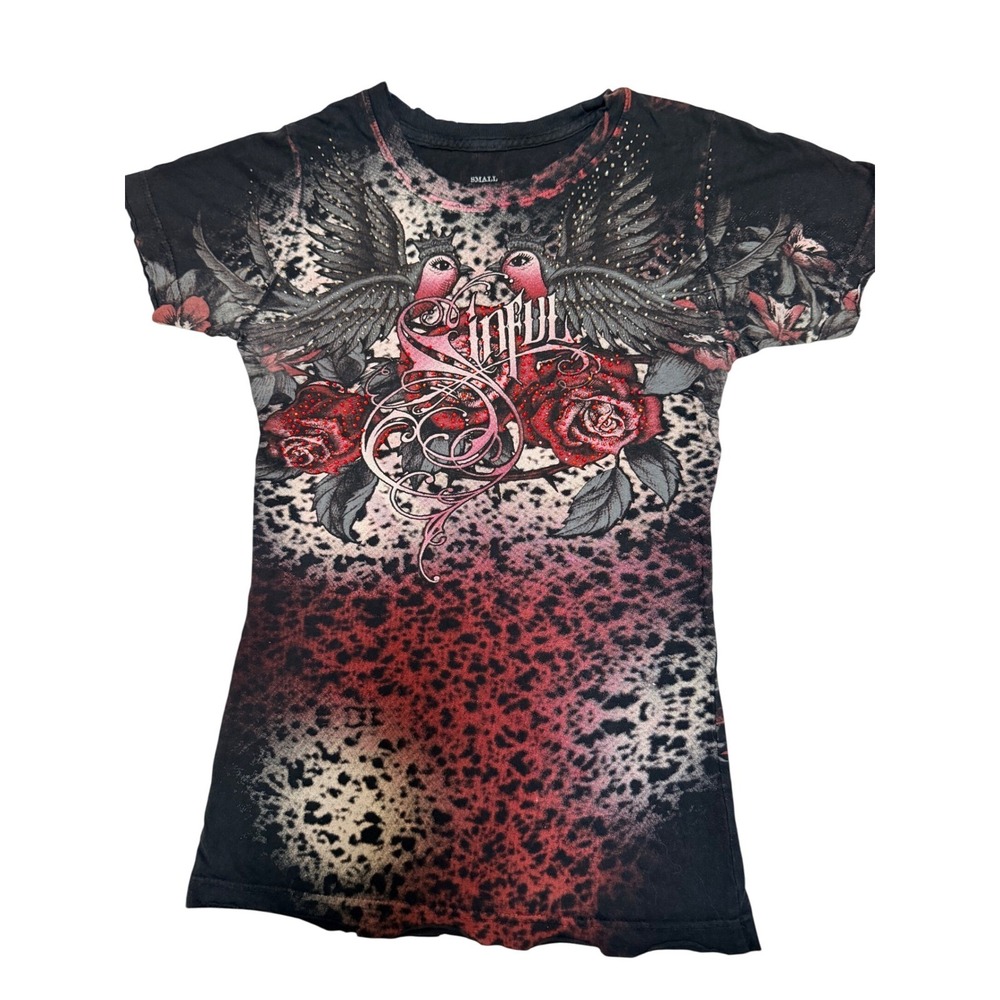 Sinful Affliction Rhinestone Graphic Tee Y2K 2000s Small Roses Wings